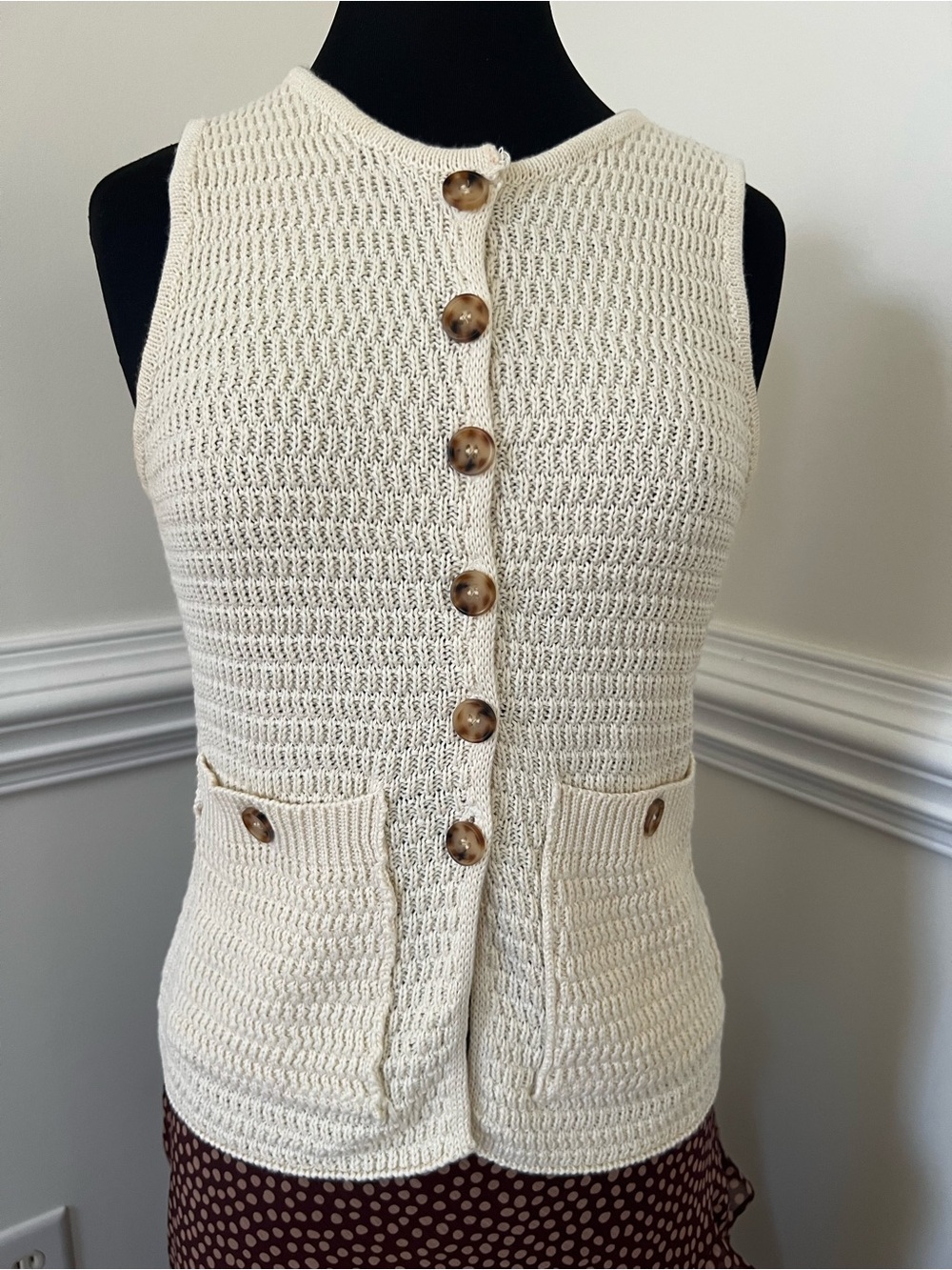 Gilli Cream Knit Button-Front Sleeveless Cardigan Vest